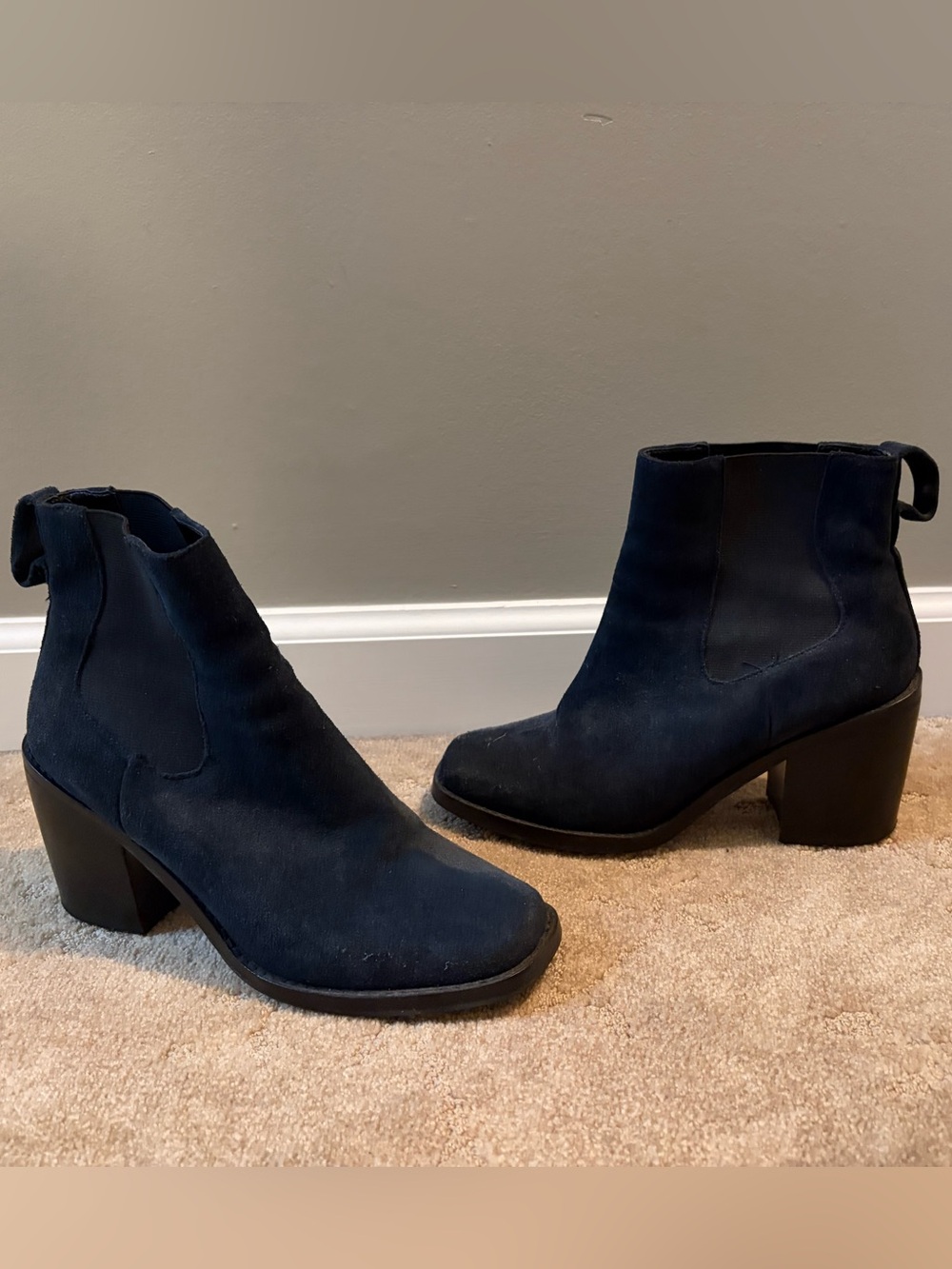 Womens Navy Suede Block Heel Ankle Boots